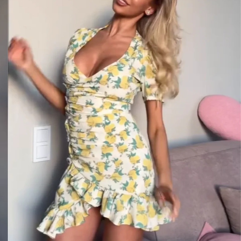 Lemon print cinched waist Chinese-style Polo collar dress summer dress 2026 Spring new style European and American foreign trade women's dress sweet and fresh V-neck printed flower and wood ear dress Application Scenario