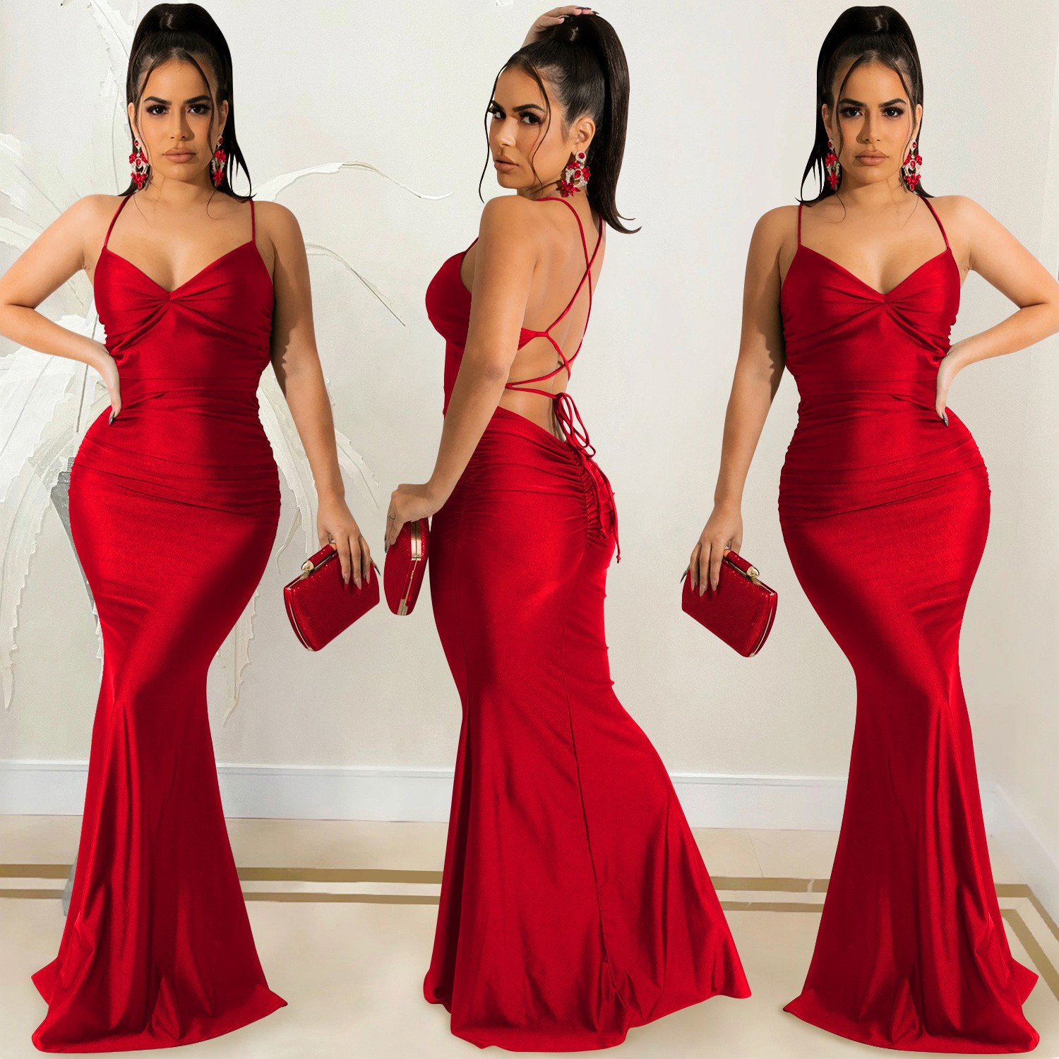 2026 New red evening dress, women's dress, hip-hugging cheongsong-style evening dress, halter fitted long dress, sexy backless tied fishtail dress, women's evening dress full figure