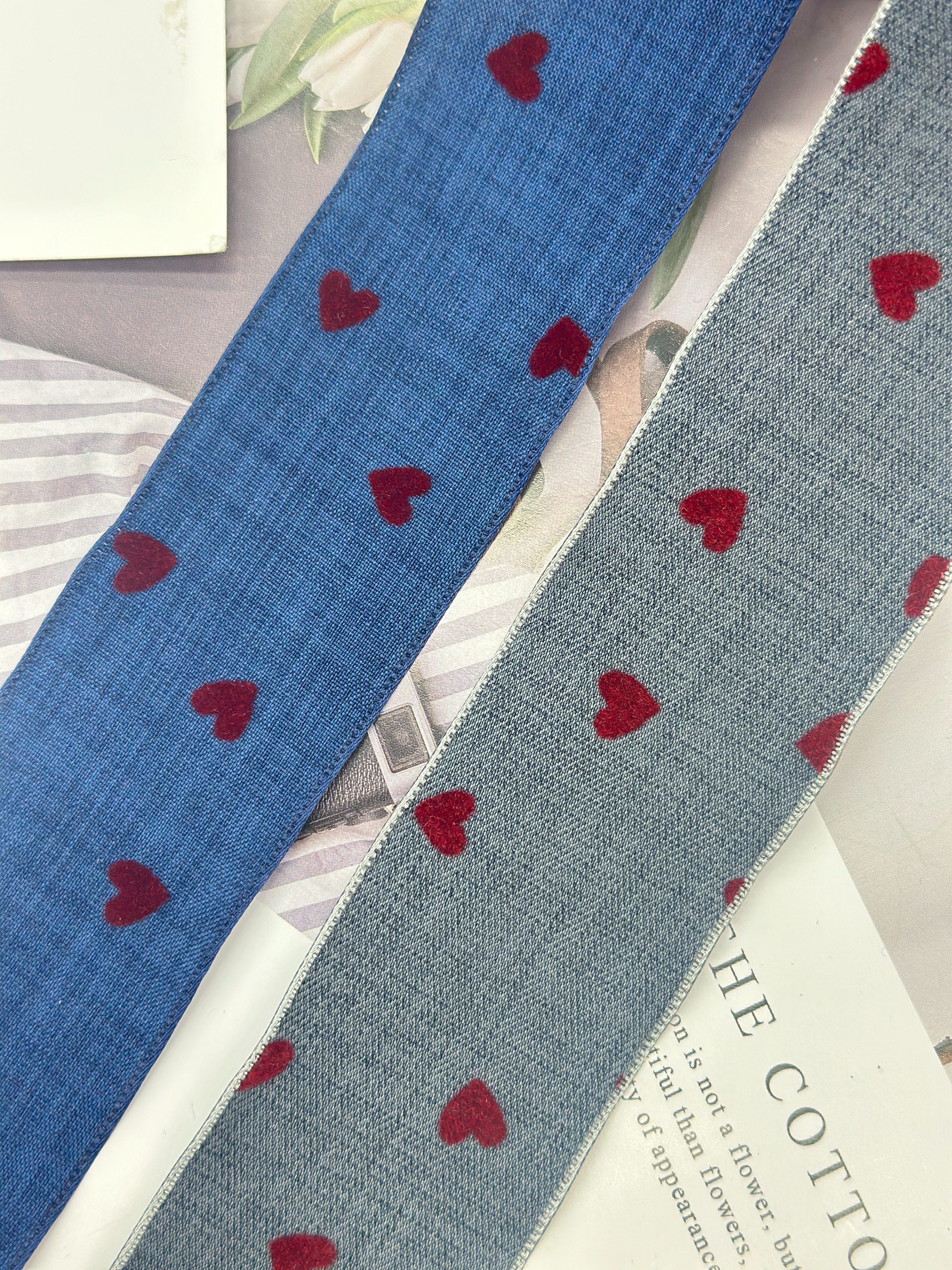 The 12-point straight-edge heart-shaped denim ribbon can be used for gift wrapping, bouquet wrapping, bows, and DIY handicrafts Specification image