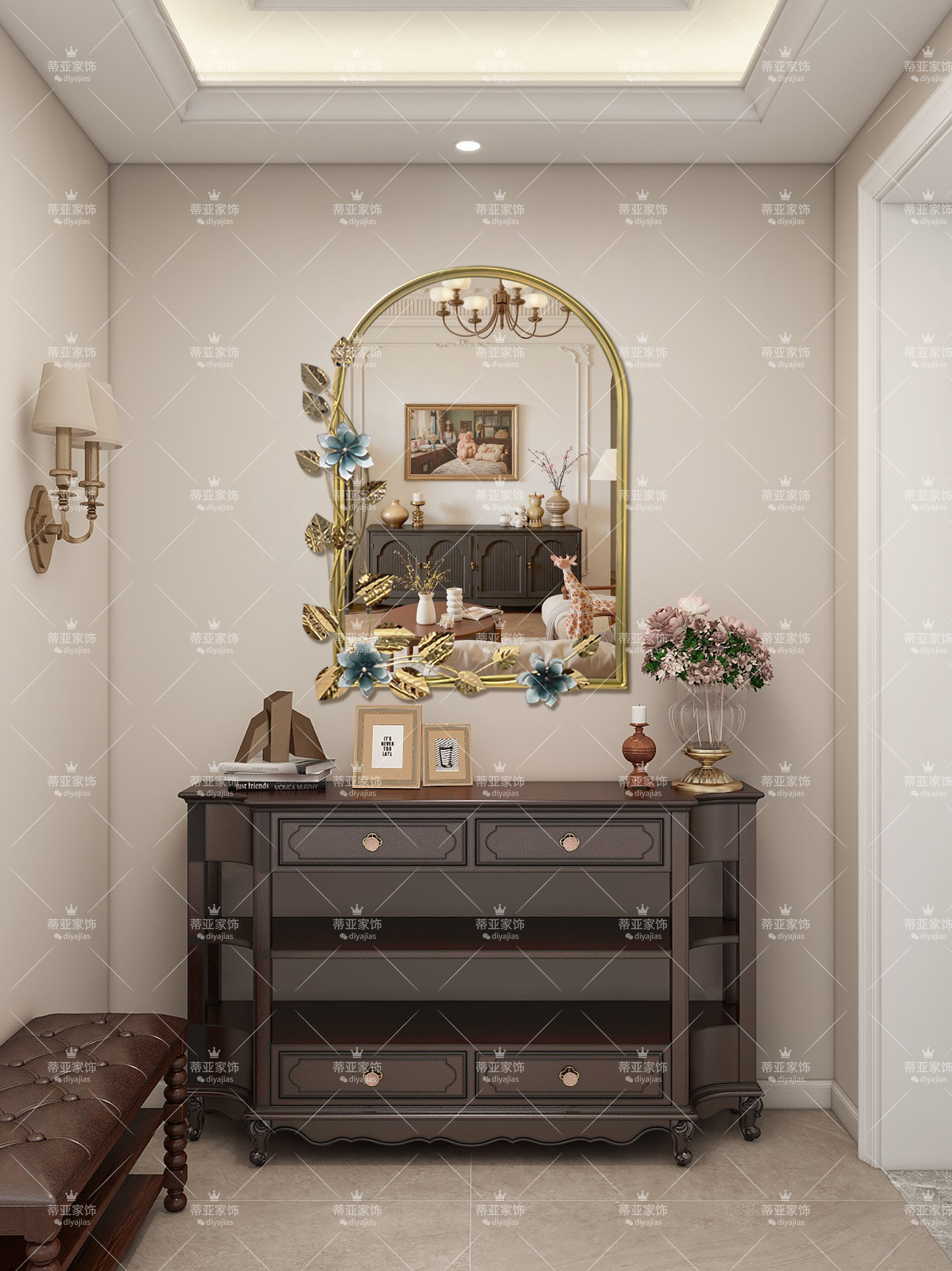 Golden arched zinc alloy photo frame, decorative flower mirror, picture frame and photo frame details Picture