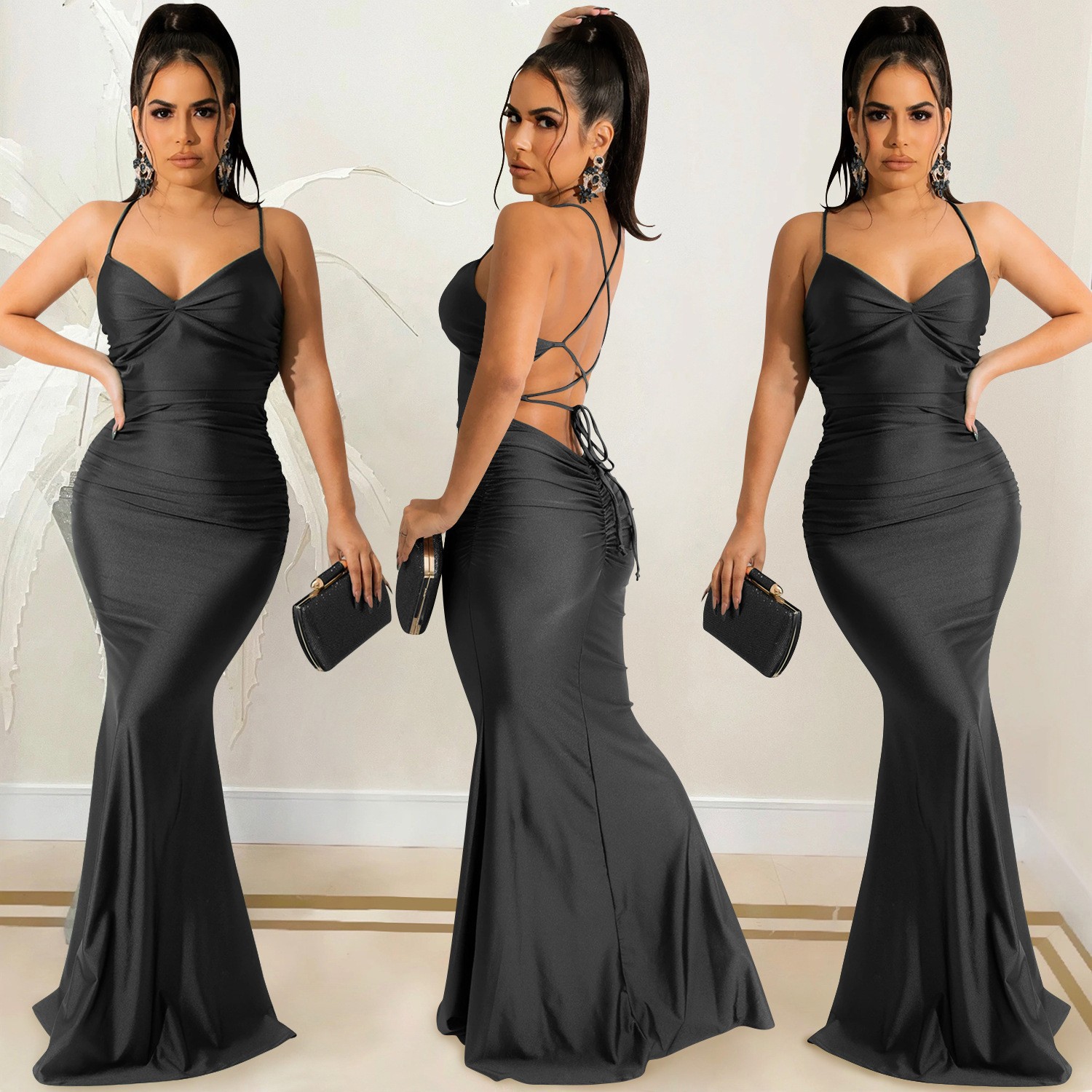 2026 New red evening dress, women's dress, hip-hugging cheongsong-style evening dress, halter fitted long dress, sexy backless tied fishtail dress, women's evening dress Application Scenario