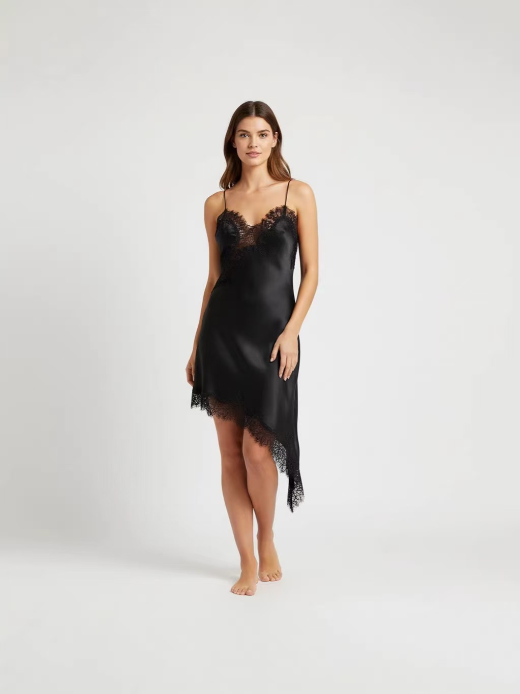 Black lace-trimmed strappy nightgown for women, summer pure cotton slimming and form-fitting, model's same style women's clothing, irregular lace-trimmed pure sensual dress, backless asymmetrical sexy gift full figure