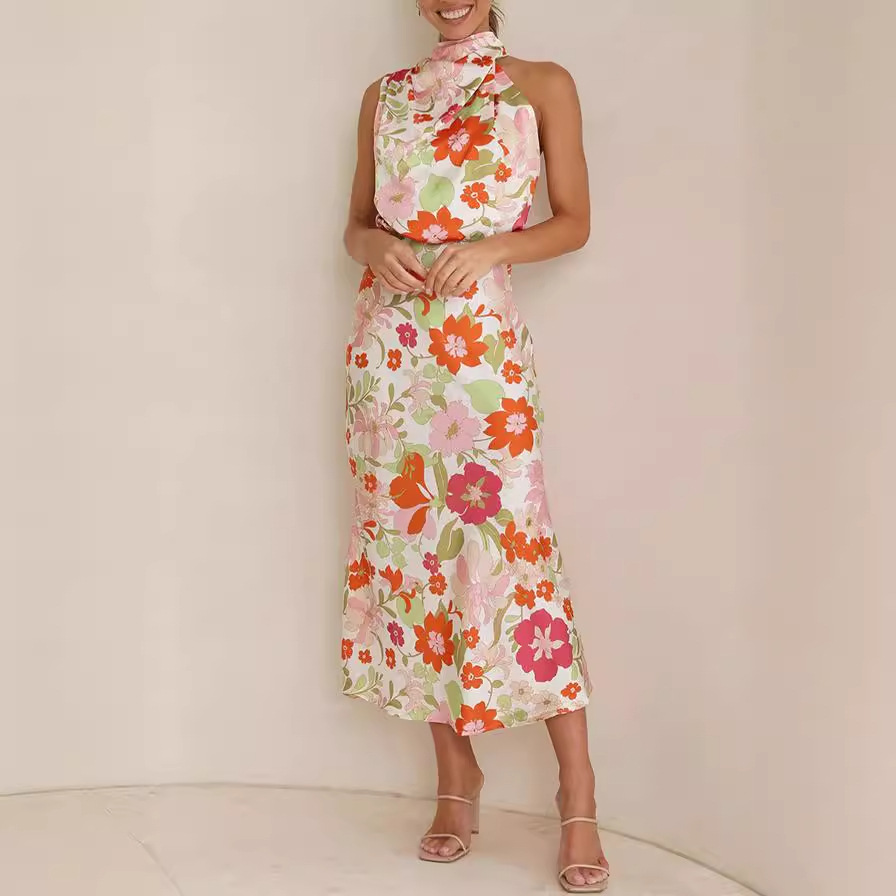 The new 2026 2026 light ripe temperament dress sleeveless bind printed satin dress The dress skirt waist skirt in summer Application Scenario