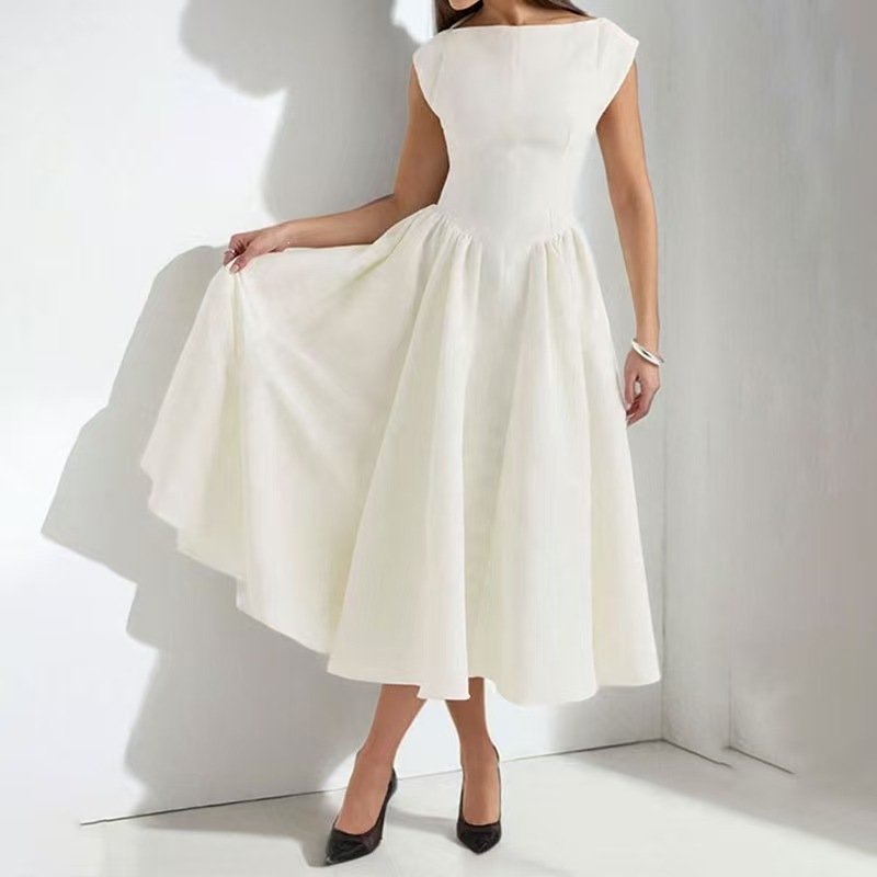 2026 New Style 2026 Foreign trade European and American women's clothing Spring New Style Elegant solid color sleeveless round neck cinched waist large swing dress full figure