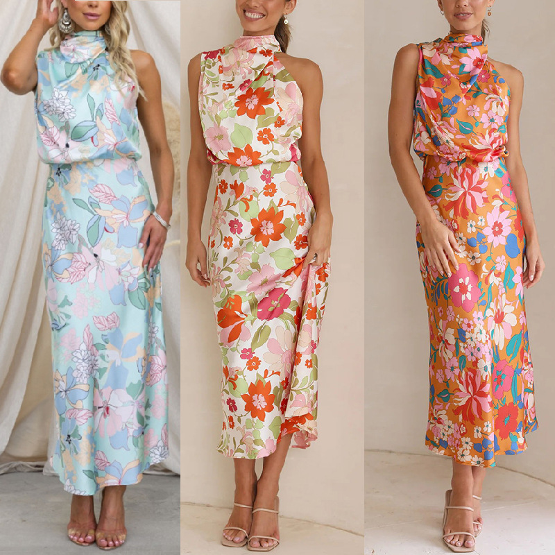 The new 2026 2026 light ripe temperament dress sleeveless bind printed satin dress The dress skirt waist skirt in summer full figure