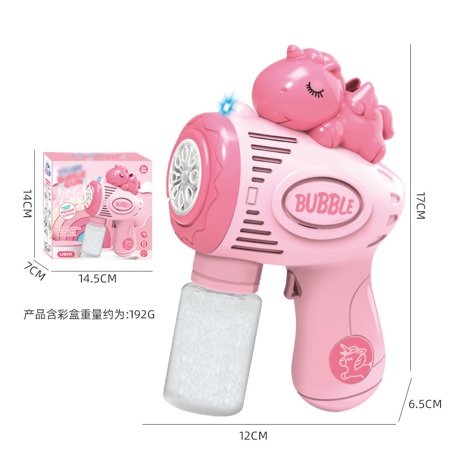 A blue cartoon children's bubble gun with a transparent liquid bottle and a rotating outlet for spraying colorful bubbles details Picture