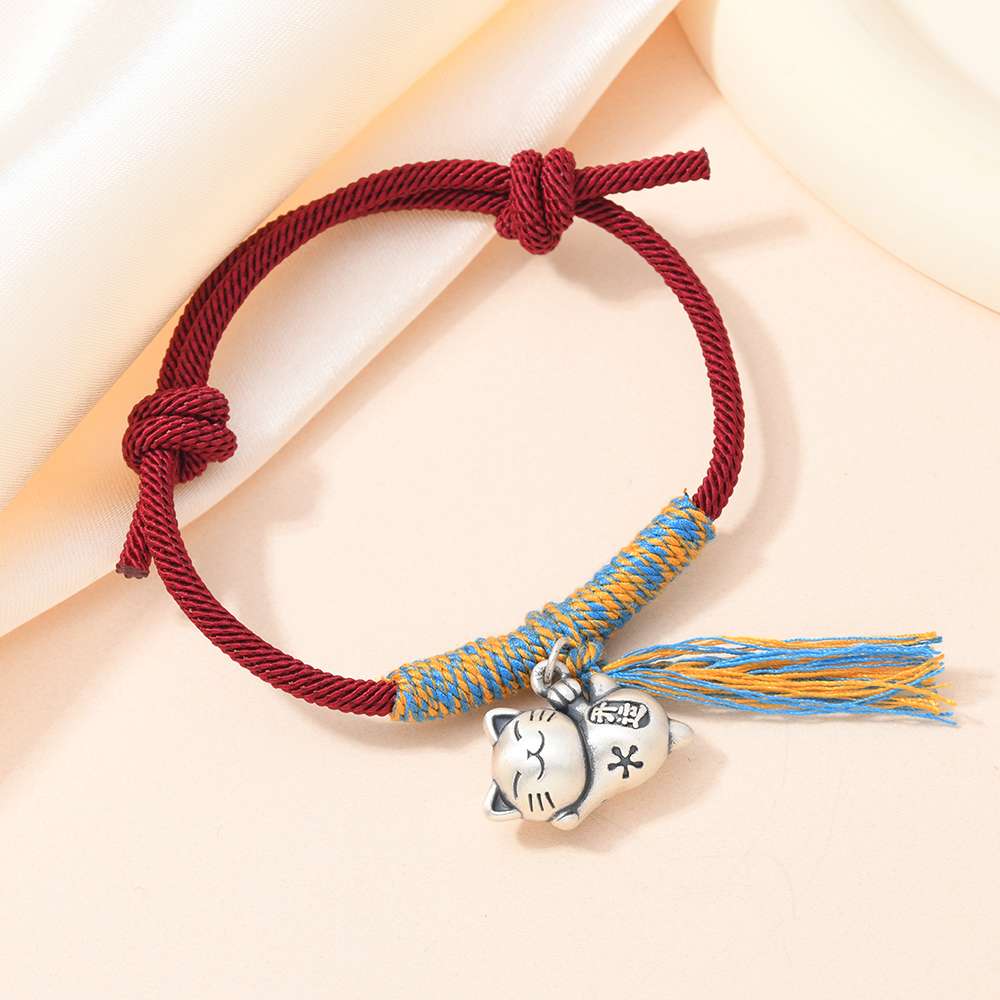 New 999 sterling silver adjustable bracelet, red rope lucky money cat pull-out bracelet detail image 2