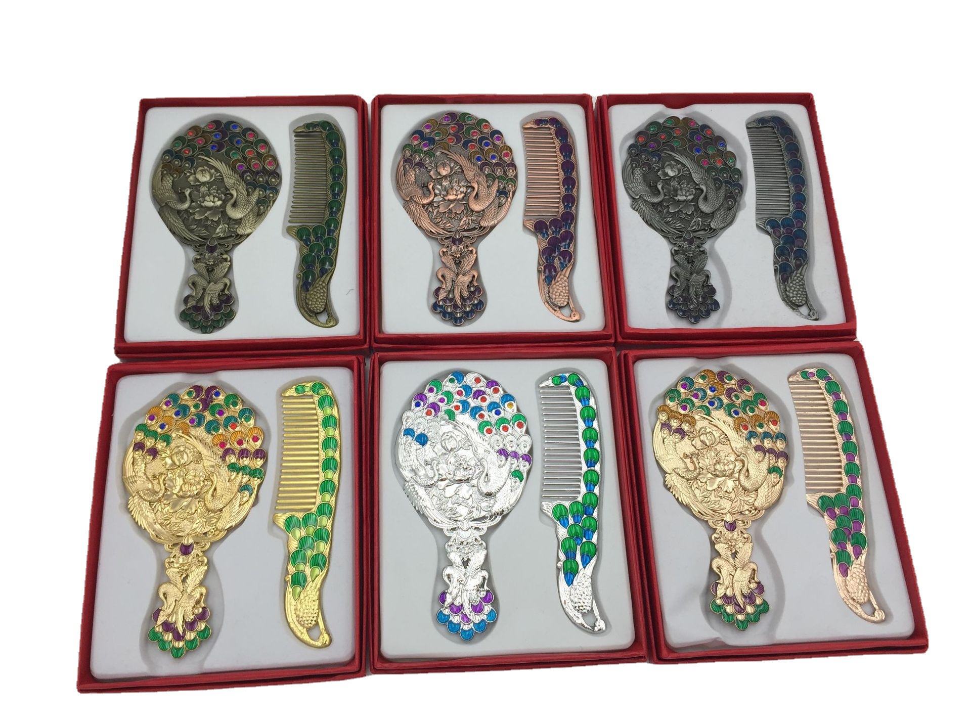 Russian tin-colored metal makeup mirror comb set, retro small peacock handle gift, portable Item Picture