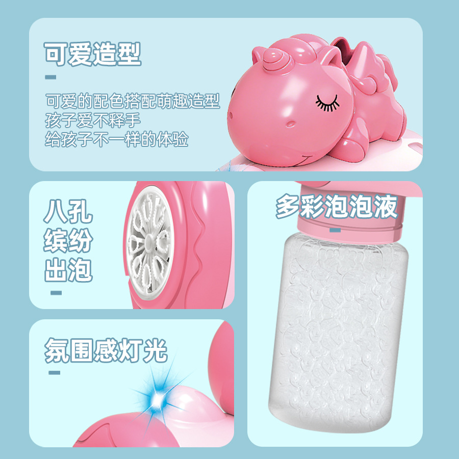 A blue cartoon children's bubble gun with a transparent liquid bottle and a rotating outlet for spraying colorful bubbles Specification image