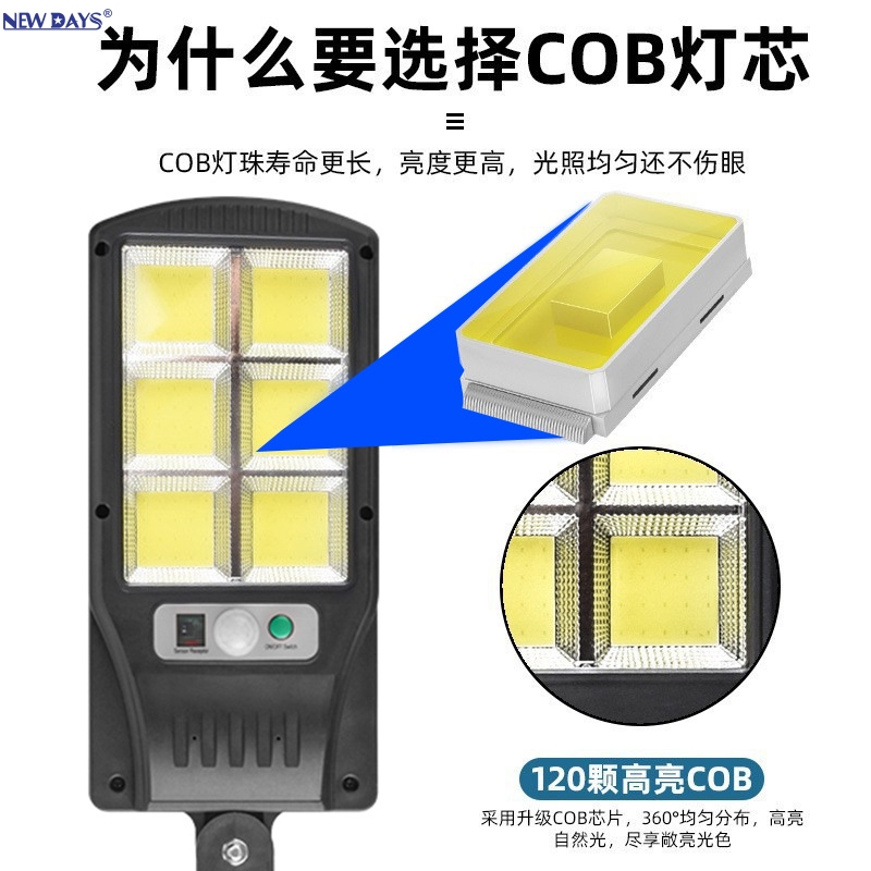 NEWDAYS brand's new cross-border integrated led solar street lamp, outdoor waterproof human body sensor lamp, ultra-long battery life high-brightness emergency lighting solar panel garden lamp Item Picture