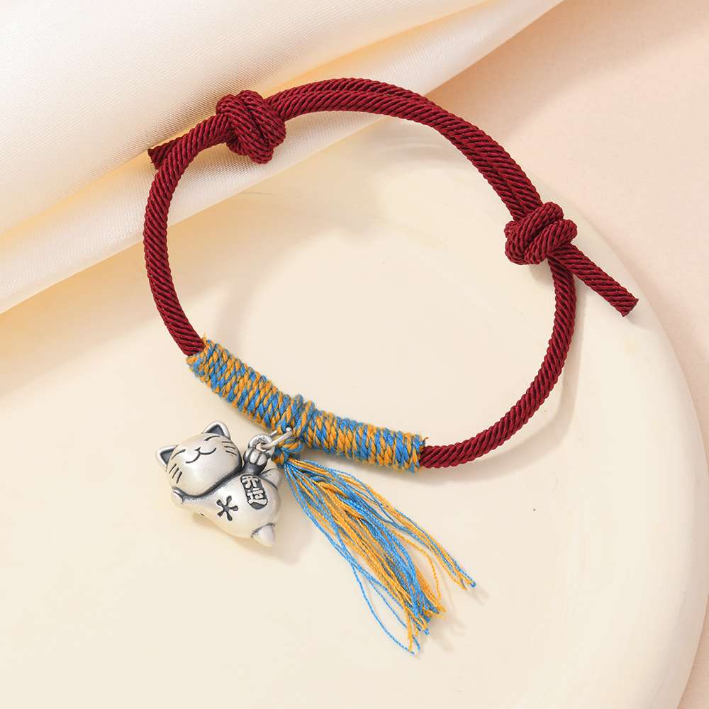 New 999 sterling silver adjustable bracelet, red rope lucky money cat pull-out bracelet detail image 3