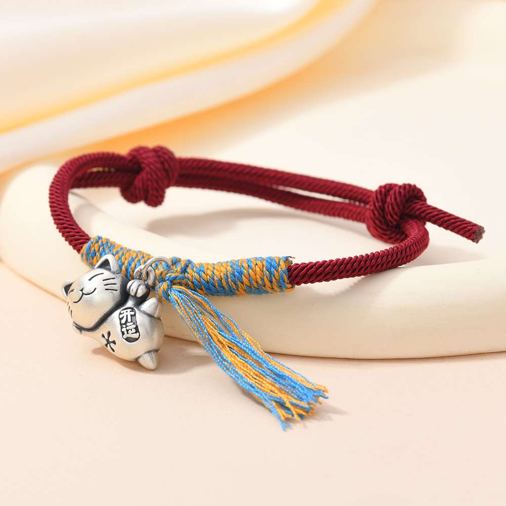 New 999 sterling silver adjustable bracelet, red rope lucky money cat pull-out bracelet