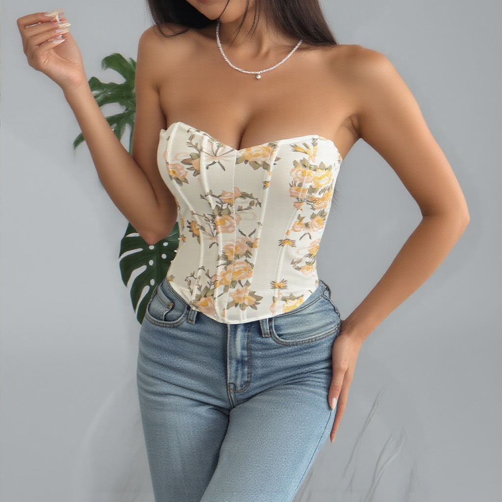 2026 New foreign trade diamond-shaped fishbone corset, European and American mini vest, halter top, cross-border sexy hot girl, low-cut backless, flower-wrapped chest full figure