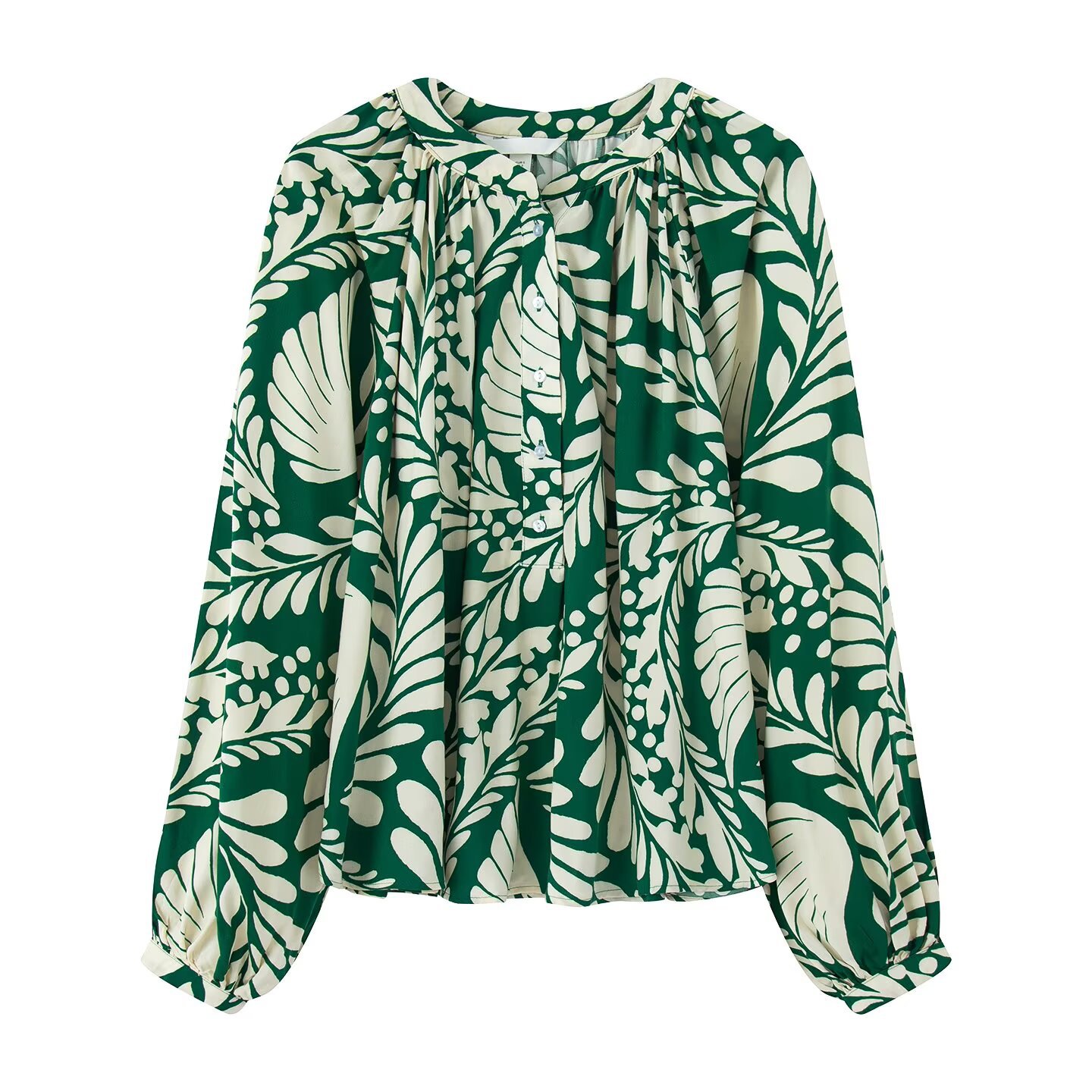The 2026 new women's wear bestseller, mid-collar printed, stylish, breathable and loose French lantern sleeve top Item Picture