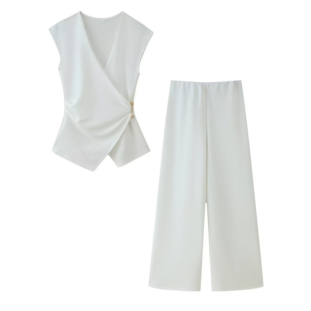 2026 New European and American style women's wear with pin texture sleeveless top, wide leg casual cut sleeve long pants full figure