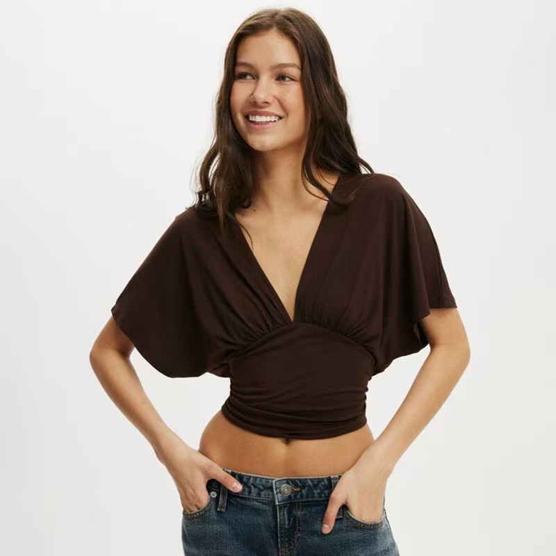 The 2026 new Spring/Summer bestseller for European and American women: A new round-neck pullover, V-neck, bat-shaped sleeve, and cinched waist T-shirt top full figure
