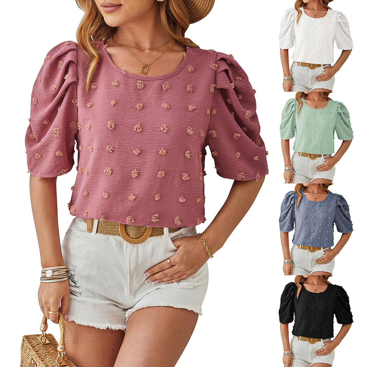 New Spring/Summer 2026 collection: Woven jacquard pom-pom short-sleeved, square collar, lapel top with lantern sleeves full figure