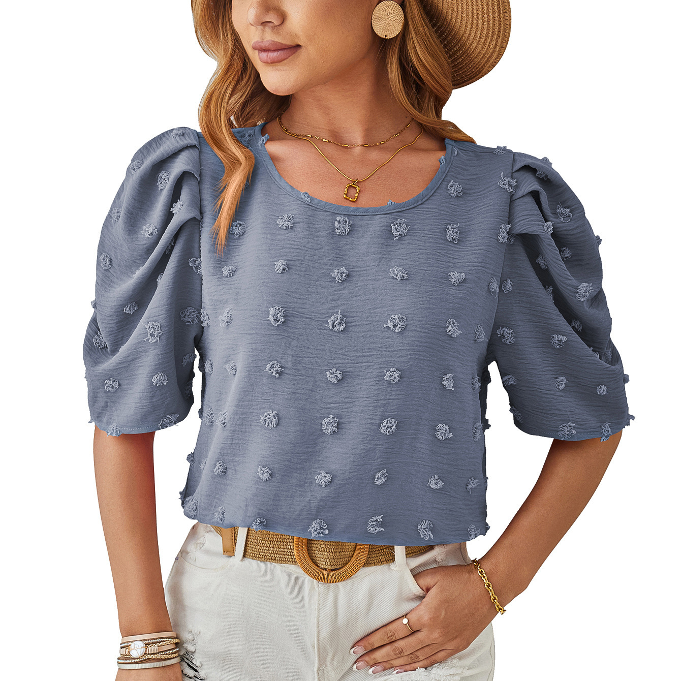 New Spring/Summer 2026 collection: Woven jacquard pom-pom short-sleeved, square collar, lapel top with lantern sleeves Application Scenario