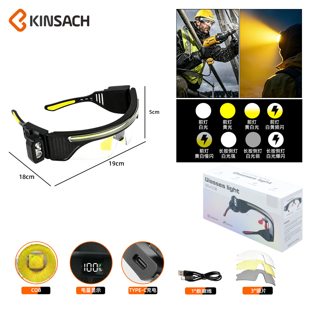 KINSACH multi-functional LED glasses light COB light source Battery level display TYPE-C rechargeable flashlight details Picture