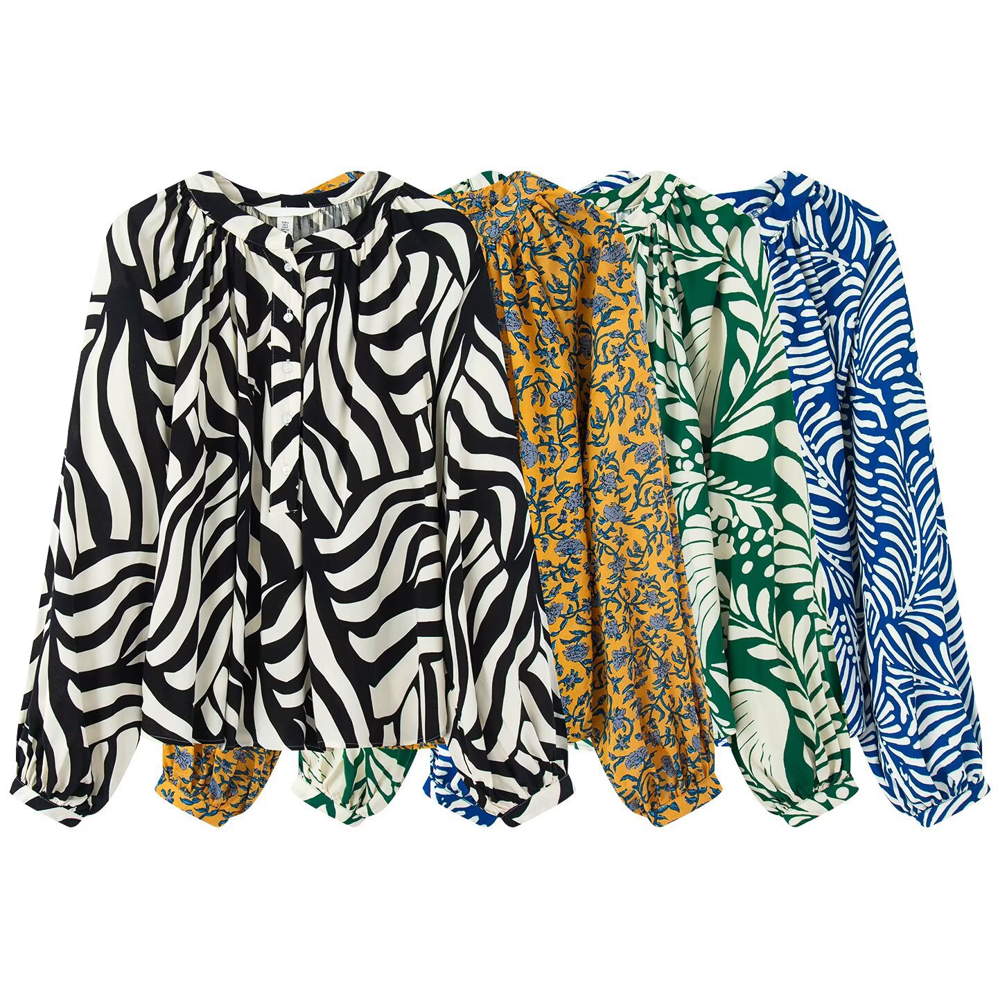 The 2026 new women's wear bestseller, mid-collar printed, stylish, breathable and loose French lantern sleeve top full figure