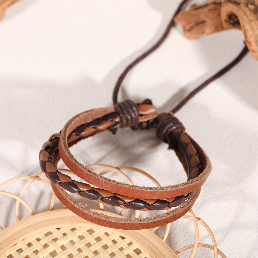 European and American popular fashion accessories, personalized hand-woven cowhide bracelet, simple pull-out adjustable retro leather bracelet Item Picture