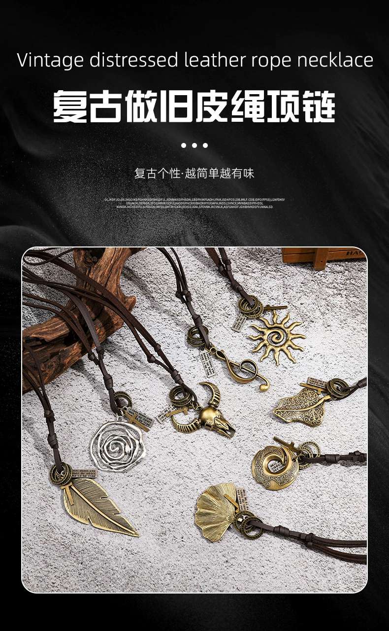 Retro distressed leather rope necklace, Bohemian-style feather bull head pendant, denim style personalized accessory wholesale necklace detail image 3