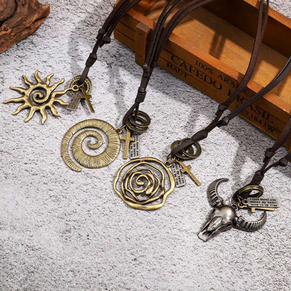 Retro distressed leather rope necklace, Bohemian-style feather bull head pendant, denim style personalized accessory wholesale necklace details Picture