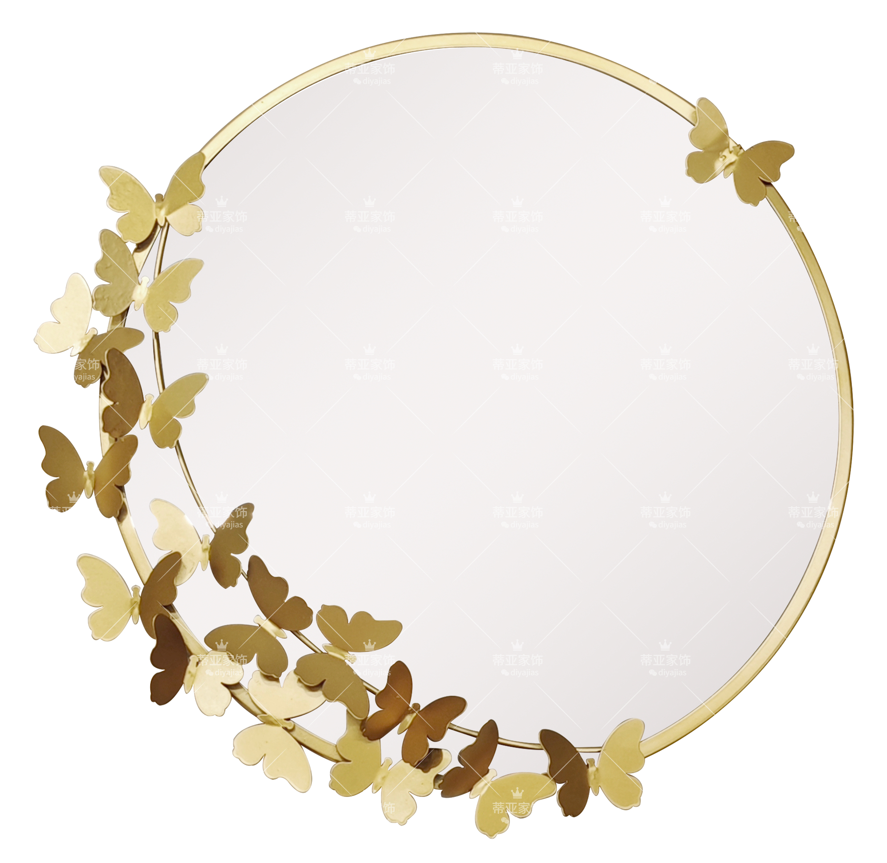 A circular Lu alloy mirror decorated with golden butterflies