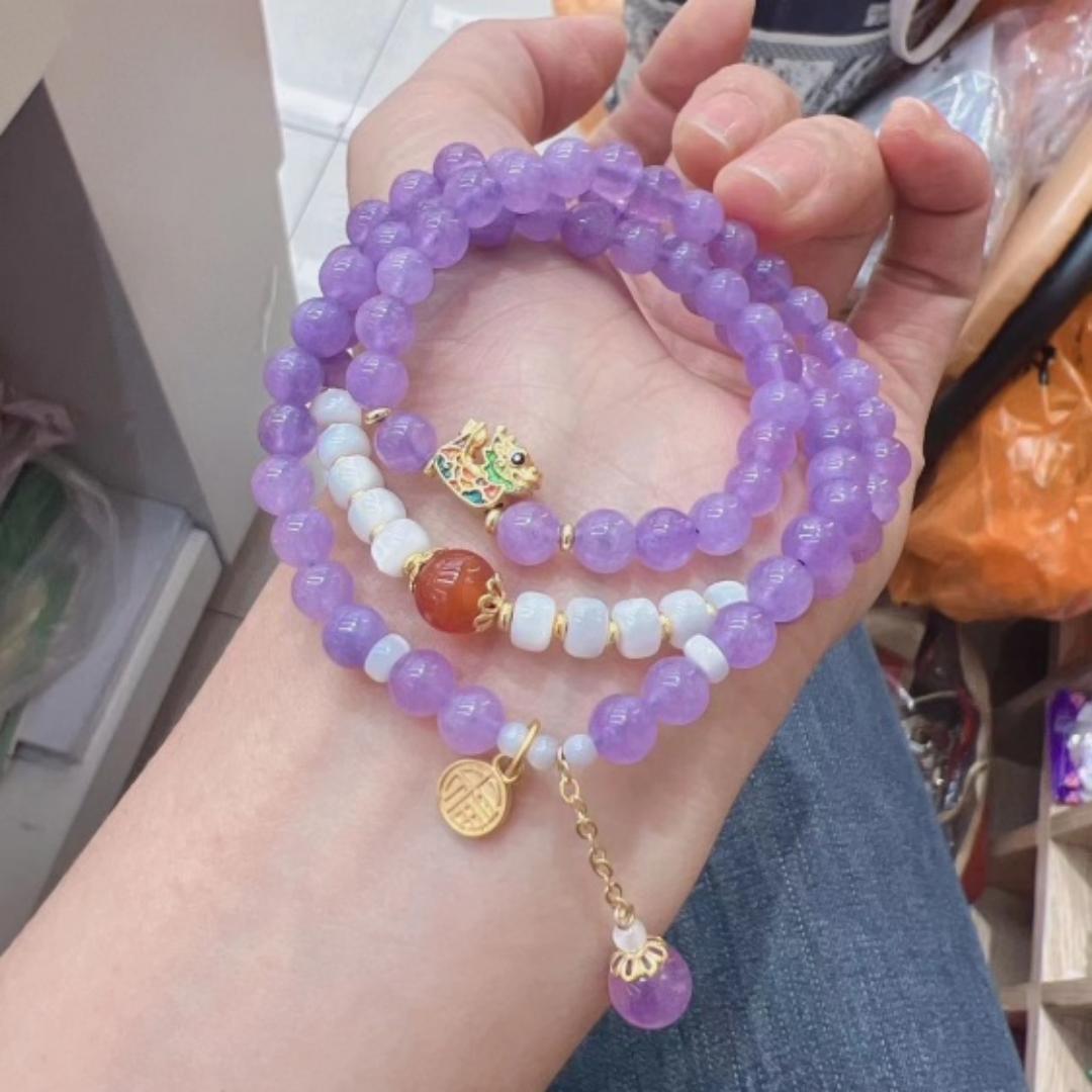 Handcrafted beaded multi-layer retro bracelet with Chinese-style Longfu purple jade crystal Specification image