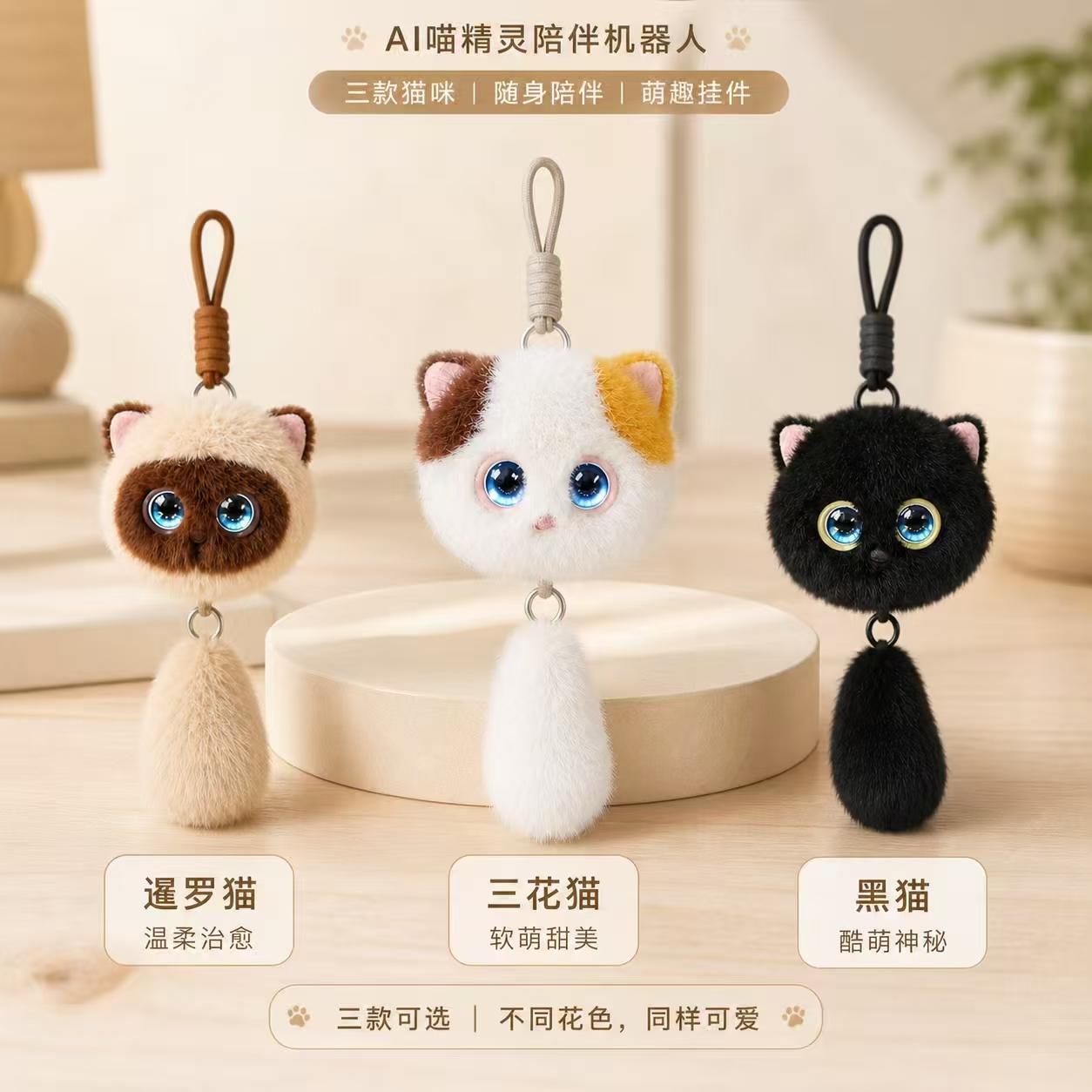 AI喵精灵陪伴机器人配三款毛绒猫咪挂件潮流玩具万圣节AI玩具