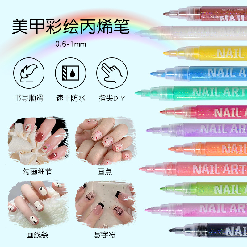Wholesale of new quick-drying acrylic colored marker pens, graffiti metal texture nail pens, and multi-color bright nail pens details Picture