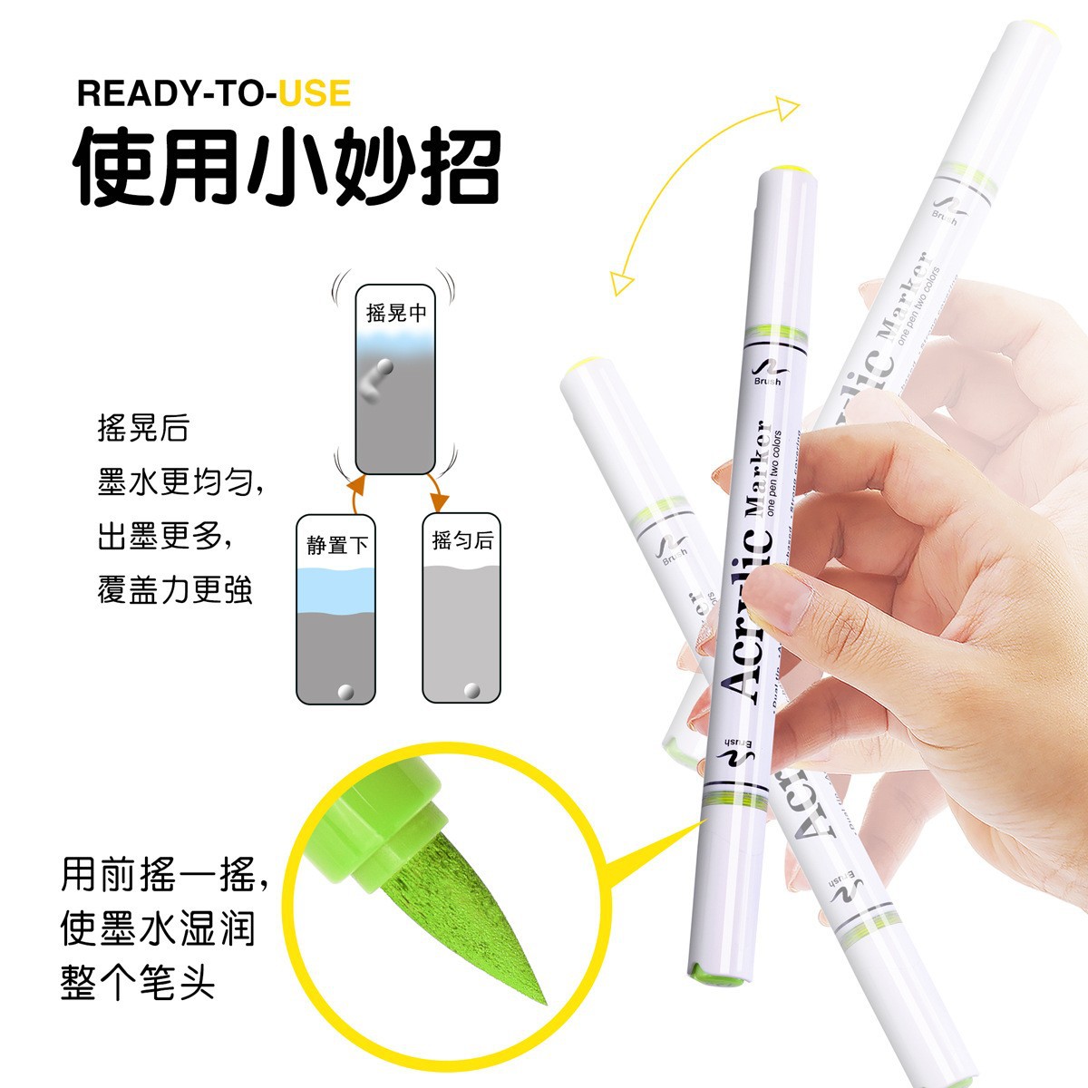 Guangna 8106 Acrylic Marker Pen, Double soft tip, two-color straight liquid type, pressure-free waterproof, stackable color drawing and doodle pen Application Scenario