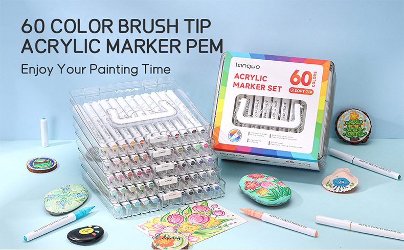 Blue Fruit Soft-tipped Acrylic marker pen set: 60 colors with increased volume, stackable color pens, non-permeable paper art acrylic pens pic 1
