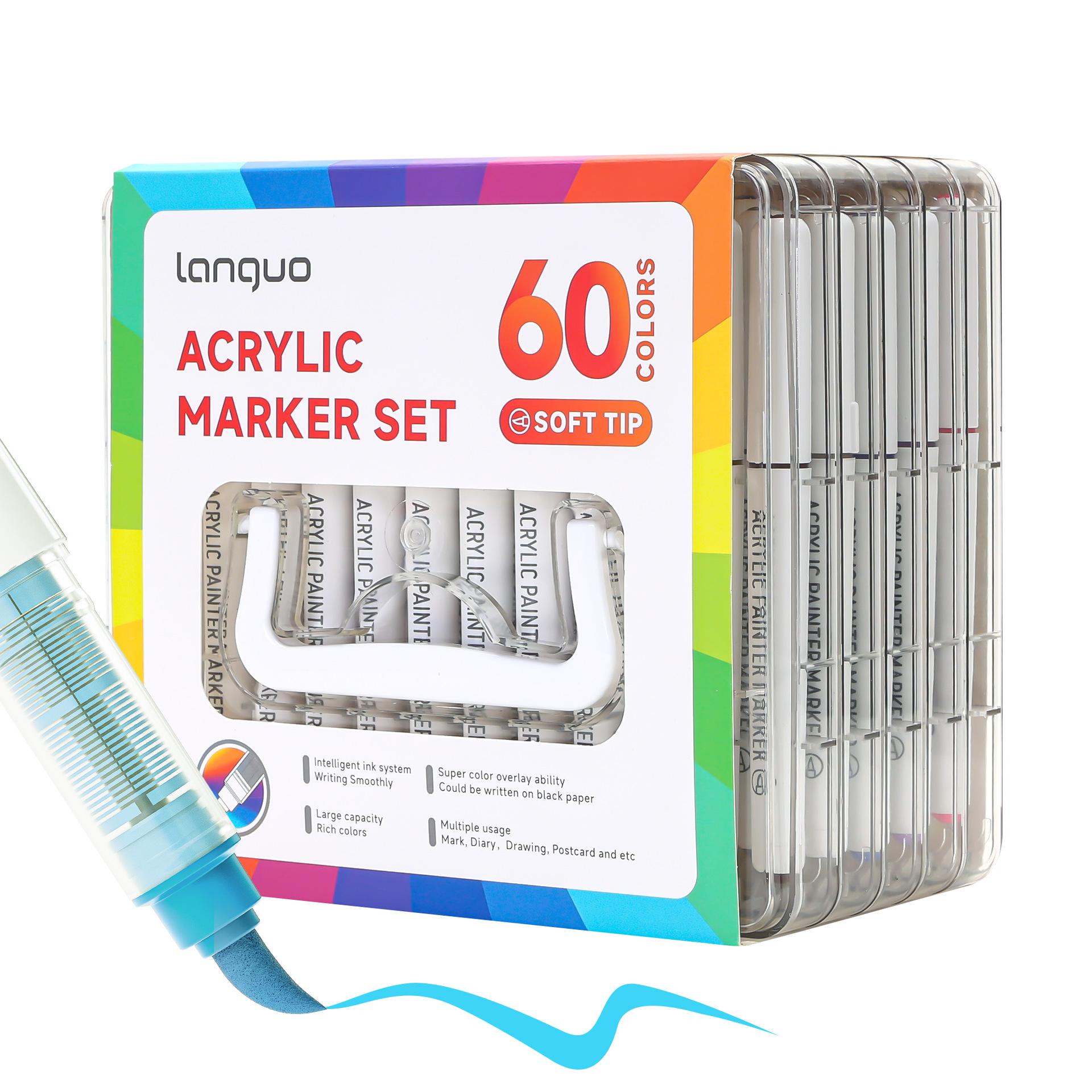 Blue Fruit Soft-tipped Acrylic marker pen set: 60 colors with increased volume, stackable color pens, non-permeable paper art acrylic pens Item Picture