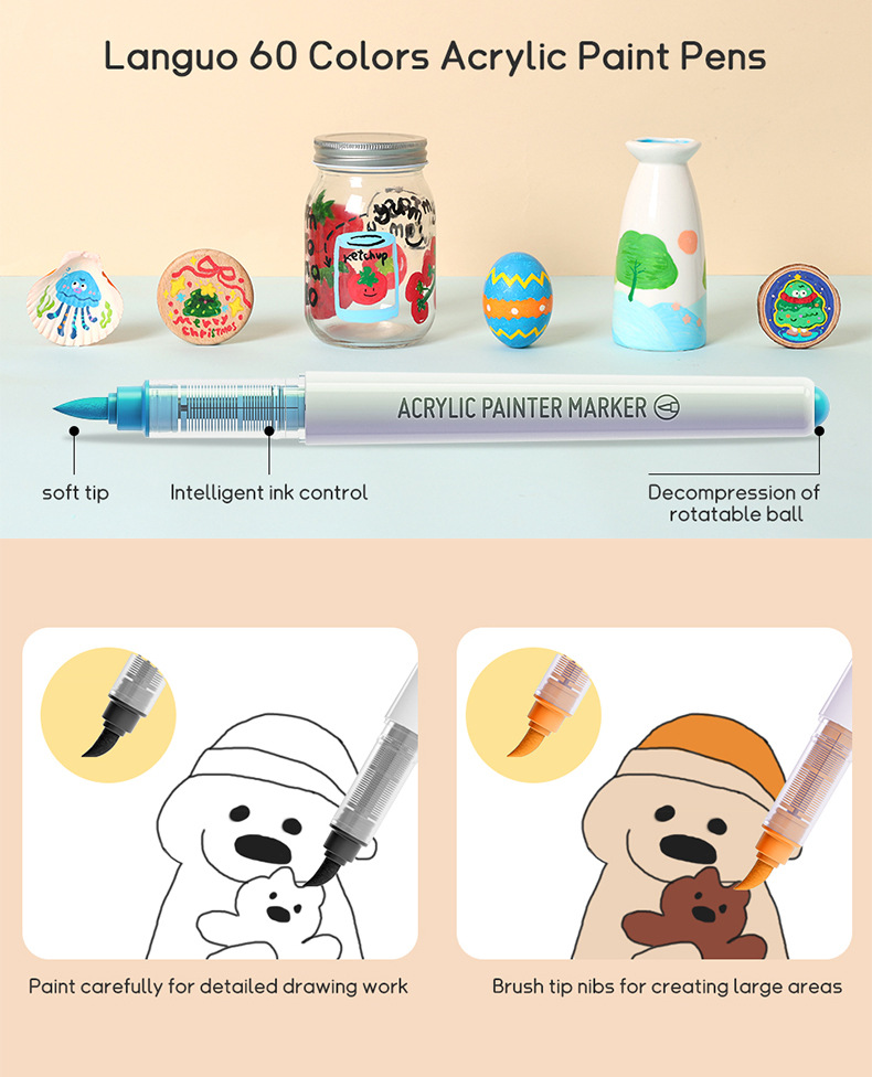 Blue Fruit Soft-tipped Acrylic marker pen set: 60 colors with increased volume, stackable color pens, non-permeable paper art acrylic pens pic 2