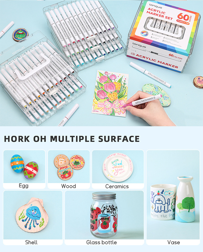 Blue Fruit Soft-tipped Acrylic marker pen set: 60 colors with increased volume, stackable color pens, non-permeable paper art acrylic pens pic 5