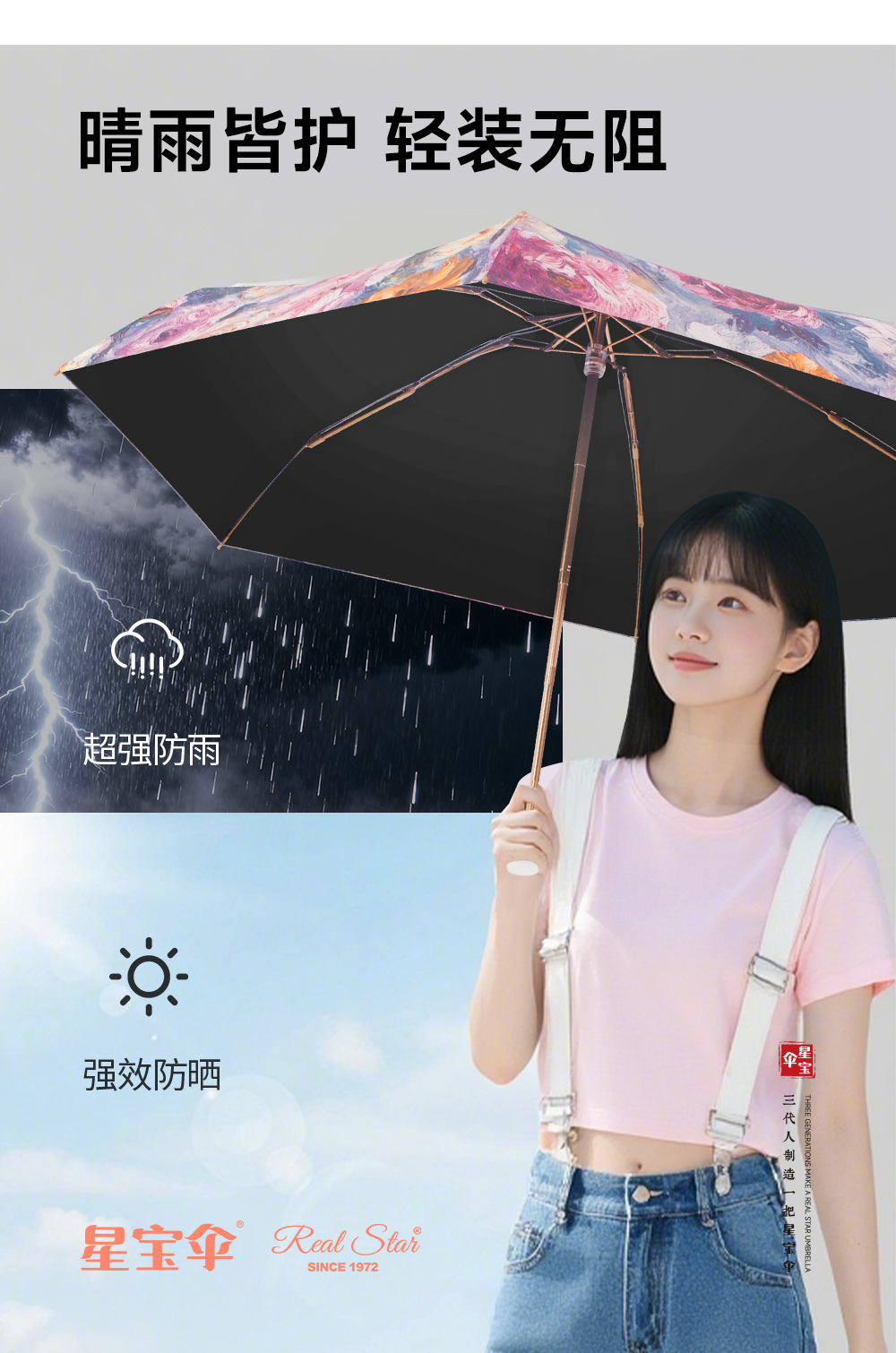 星宝伞5576五折口袋雨伞花朵原创黑胶零透光女士伞繁花伞防嗮uv晴雨2用详情9
