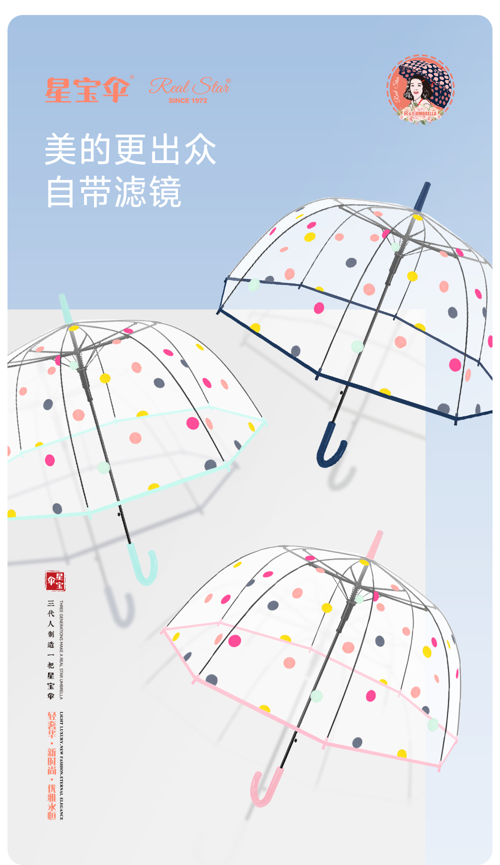 星宝伞963A圆点雨伞长柄透明阿波罗拱形雨伞 23寸雨伞鸟笼雨伞详情5
