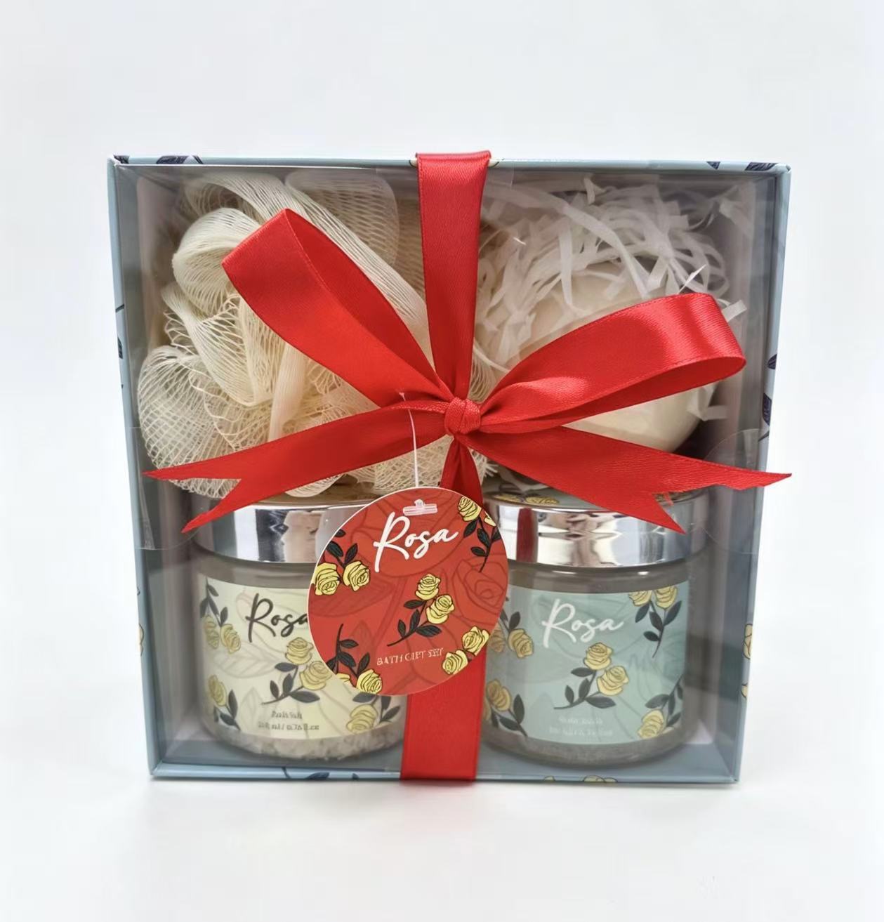 Customized body care soap set with bath salts, bath towels and shampoo gift box