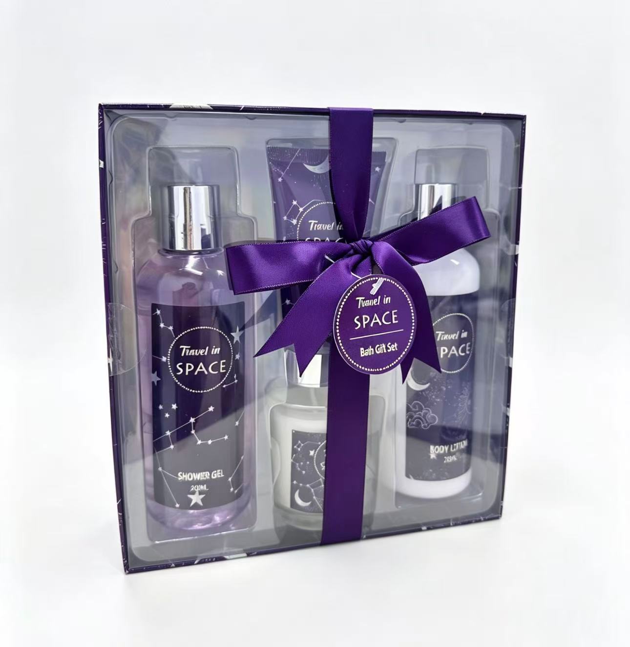 Purple ribbon decorated space-themed bath gift box set without a base soap flower bouquet