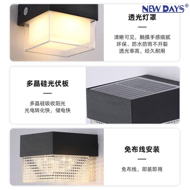 NEWDAYS brand cross-border new led solar wall lamps, outdoor waterproof energy-saving high-brightness lighting lamps, balcony lamps, crystal atmosphere garden lamps and wall lamps Specification image