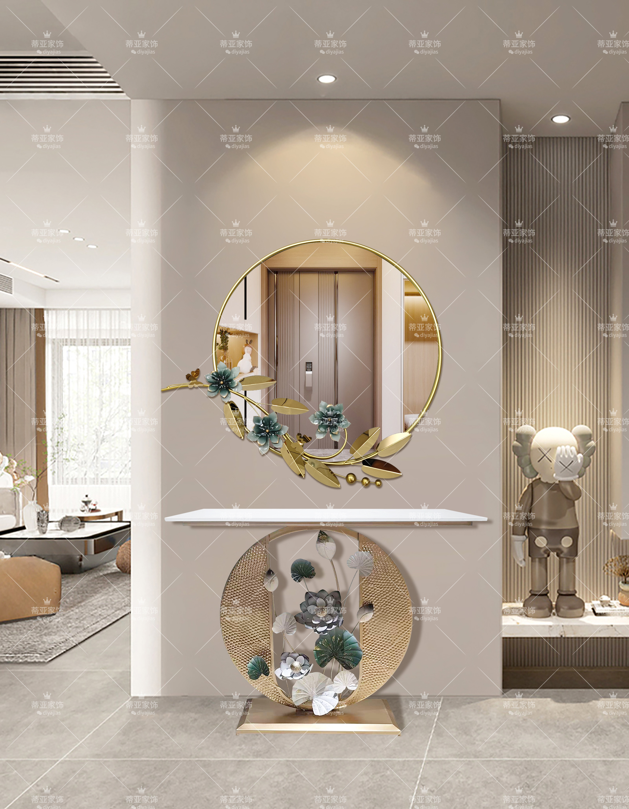 Round gold-framed aluminum alloy photo frame mirror Application Scenario
