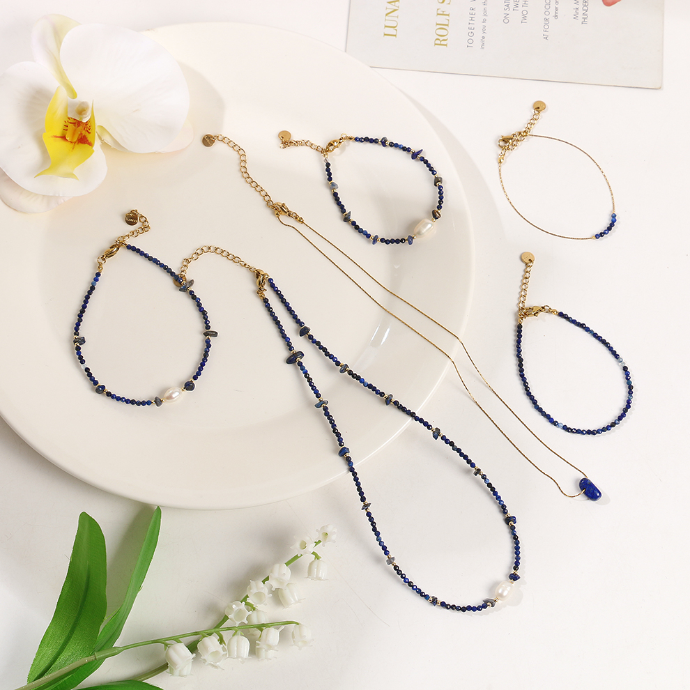 Natural lapislázuli collar de perlas colore duradero pulsera tobillera conjunto nuevos accesorios hombre mujer universal