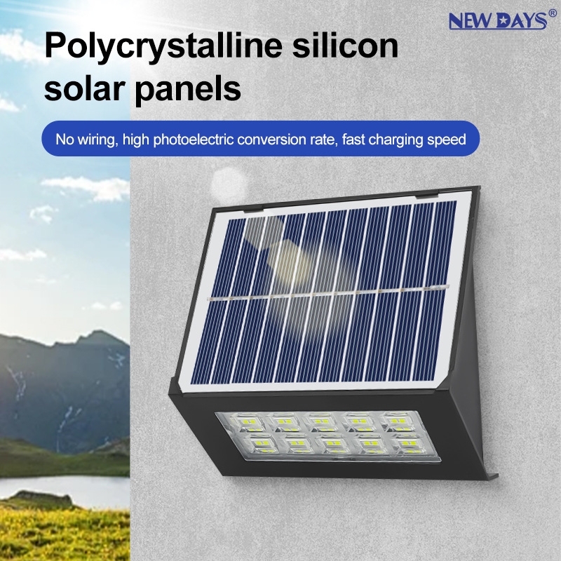 NEWDAYS brand cross-border new led solar wall lamps, outdoor waterproof energy-saving high-brightness lighting lamps, fast-charging small wall lamps, atmosphere garden lamps, solar panel garden lamps Specification image