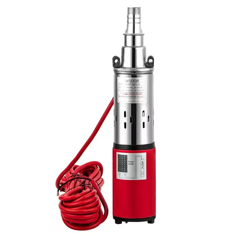 LUNLAN stainless steel solar DC submersible screw pumps with 12V, 24V, 48V and 50M high head are used for deep well agricultural irrigation details Picture