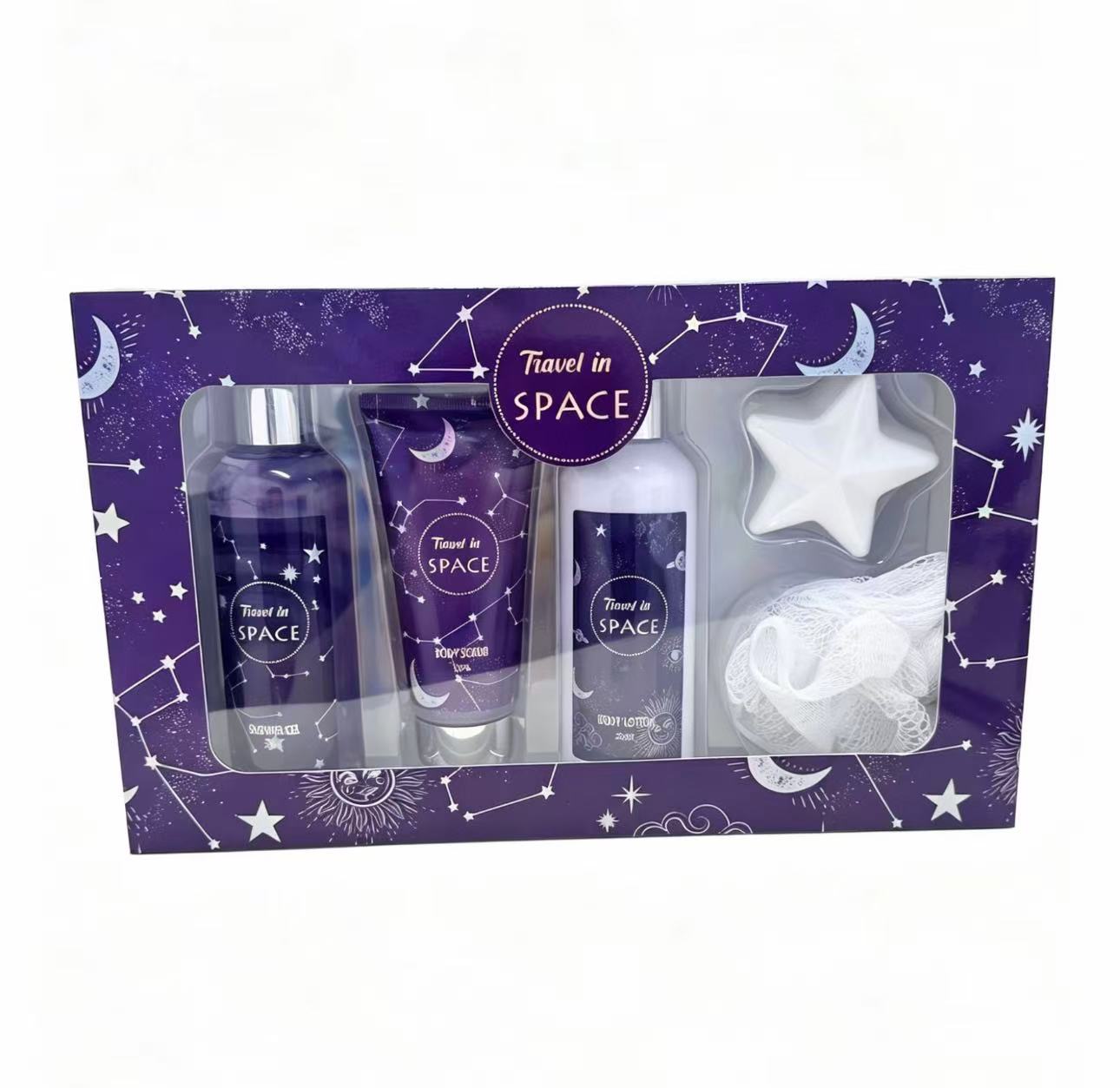 Purple starry sky theme bath set gift box contains soothing scented body wash and body lotion