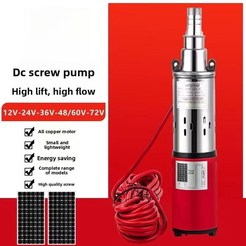 LUNLAN stainless steel solar DC submersible screw pumps with 12V, 24V, 48V and 50M high head are used for deep well agricultural irrigation Specification image