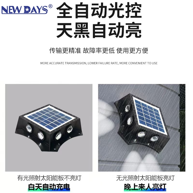 NEWDAYS brand cross-border new ledled integrated solar four-way square wall lamp, outdoor waterproof energy-saving high-brightness lighting decorative garden lamp, solar lamp, solar lamp street lamp details Picture
