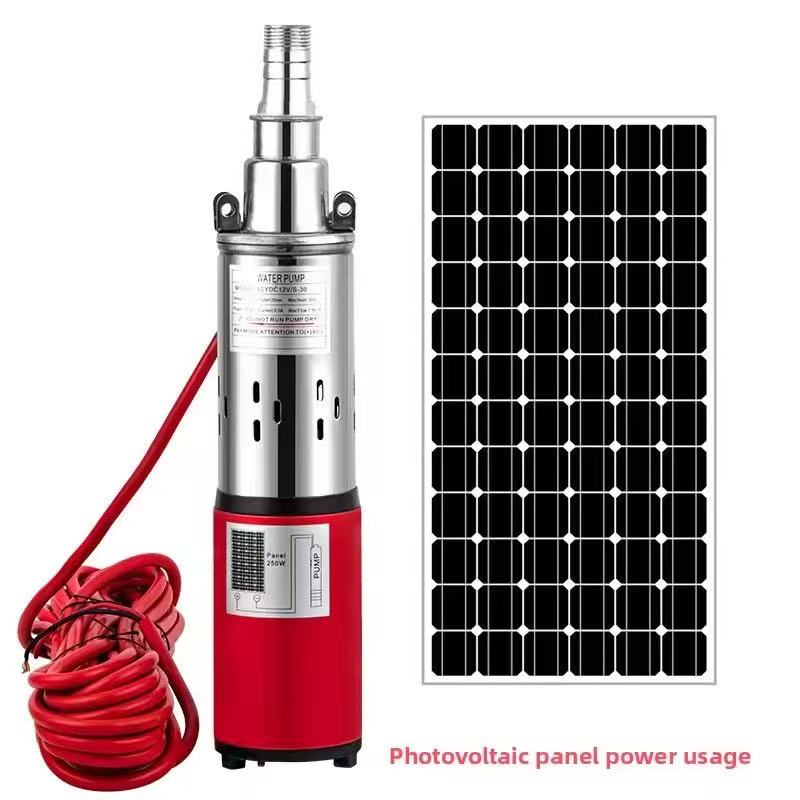 LUNLAN stainless steel solar DC submersible screw pumps with 12V, 24V, 48V and 50M high head are used for deep well agricultural irrigation Item Picture
