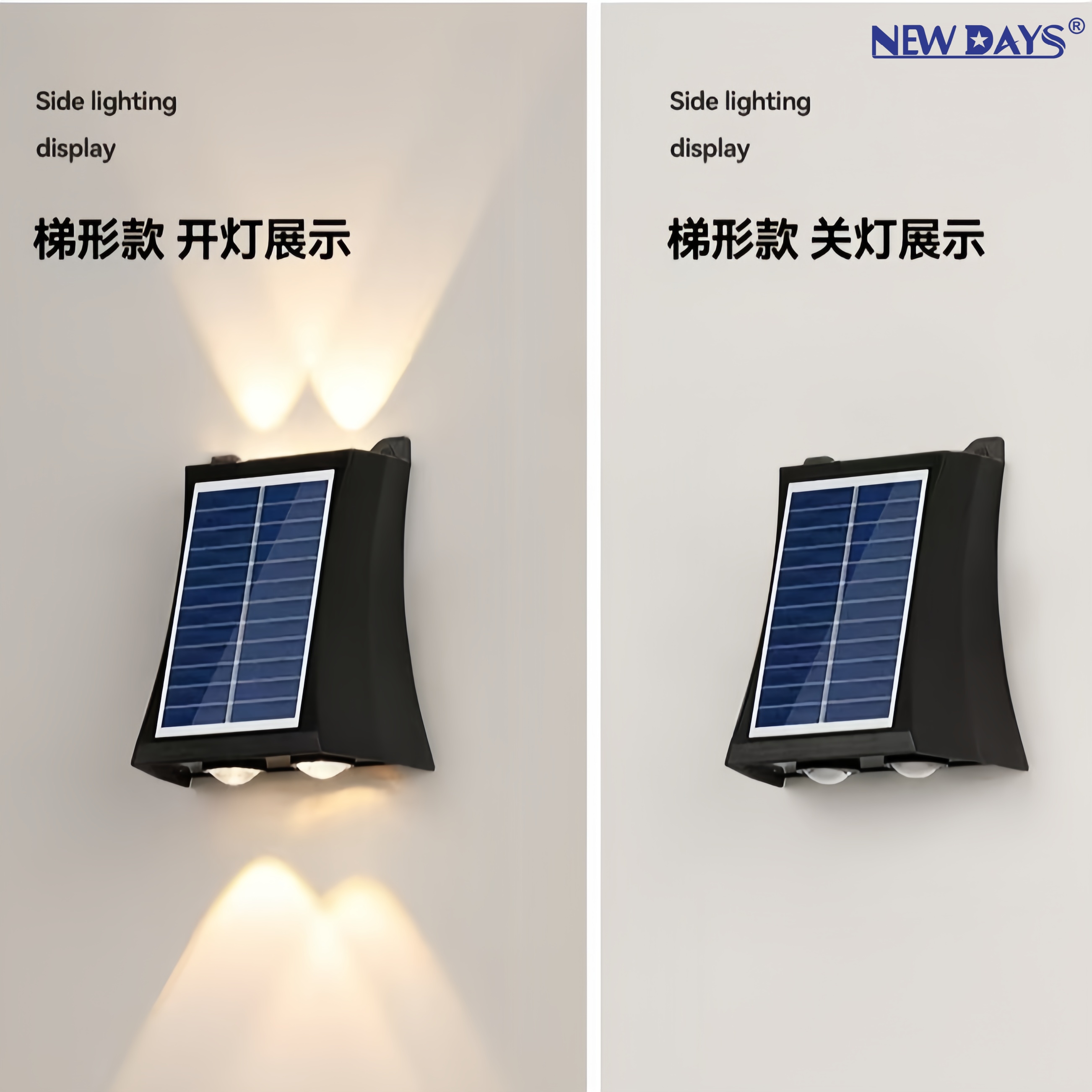 NEWDAYS brand cross-border new led integrated solar waist trapezoidal wall lamp, outdoor waterproof, energy-saving, high-brightness lighting decorative garden lamp, solar lamp street lamp Item Picture